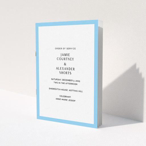 A wedding order of service template titled 'Simple Order of Service Blue'. It is an A5 booklet in a portrait orientation. 'Simple Order of Service Blue' is available as a folded booklet booklet, with tones of blue and white.