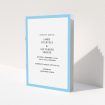 A wedding order of service template titled "Simple Order of Service Blue". It is an A5 booklet in a portrait orientation. "Simple Order of Service Blue" is available as a folded booklet booklet, with tones of blue and white.