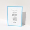A wedding order of service template titled "Simple Order of Service Blue". It is an A5 booklet in a portrait orientation. "Simple Order of Service Blue" is available as a folded booklet booklet, with tones of blue and white.