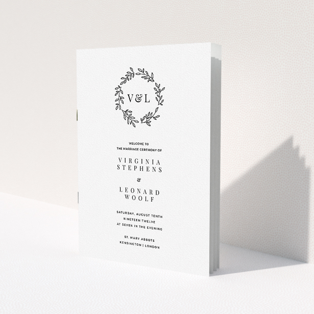 A wedding order of service template titled "Simple Wreath". It is an A5 booklet in a portrait orientation. "Simple Wreath" is available as a folded booklet booklet, with tones of white and black.