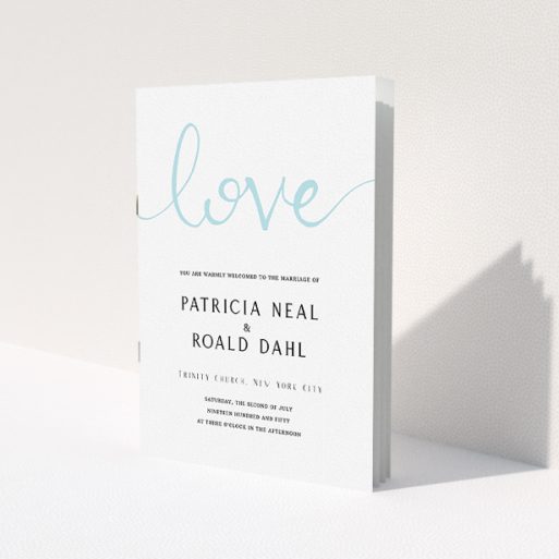 A wedding order of service design titled 'Simply Love'. It is an A5 booklet in a portrait orientation. 'Simply Love' is available as a folded booklet booklet, with tones of white and blue.
