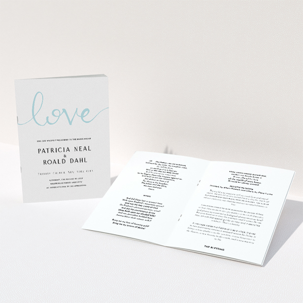 A wedding order of service design titled "Simply Love". It is an A5 booklet in a portrait orientation. "Simply Love" is available as a folded booklet booklet, with tones of white and blue.