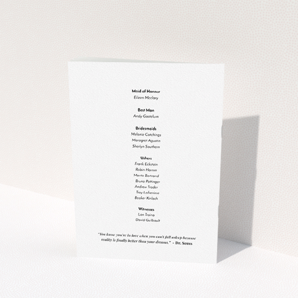 A wedding order of service design titled "Simply Love". It is an A5 booklet in a portrait orientation. "Simply Love" is available as a folded booklet booklet, with tones of white and blue.