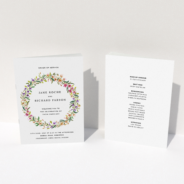 A wedding order of service named "Spring Wildflower". It is an A5 booklet in a portrait orientation. "Spring Wildflower" is available as a folded booklet booklet, with tones of light green and orange.