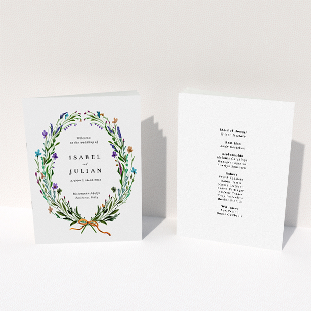 A wedding order of service named "Spring Wildflower Wreath". It is an A5 booklet in a portrait orientation. "Spring Wildflower Wreath" is available as a folded booklet booklet, with tones of green and purple.