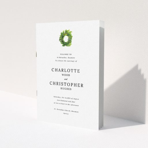 A wedding order of service template titled 'Spring Wreath'. It is an A5 booklet in a portrait orientation. 'Spring Wreath' is available as a folded booklet booklet, with tones of white and green.