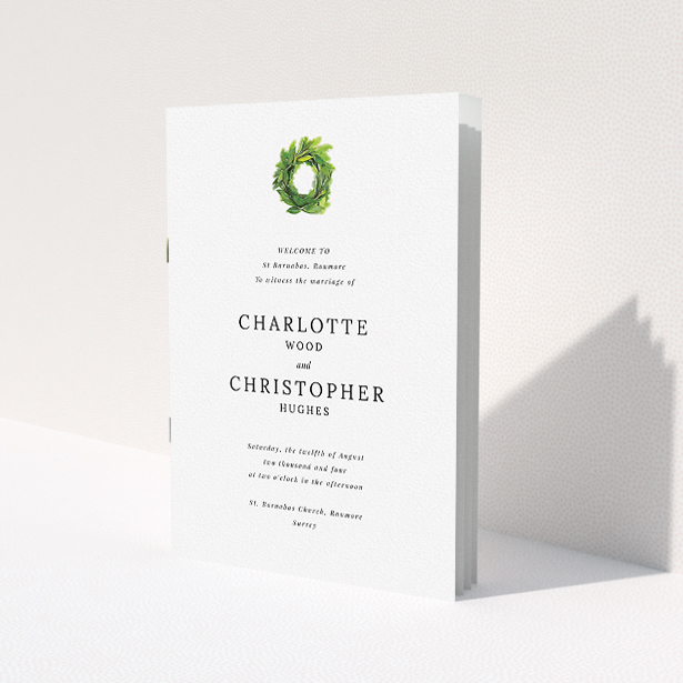 A wedding order of service template titled "Spring Wreath". It is an A5 booklet in a portrait orientation. "Spring Wreath" is available as a folded booklet booklet, with tones of white and green.