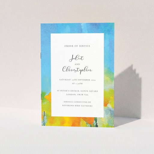 Wedding Order Of Service Design - "Summer Watercolours" A wedding order of service called "Summer Watercolours". It is an A5 booklet in a portrait orientation. "Summer Watercolours" is available as a folded booklet booklet, with tones of yellow, blue and green.