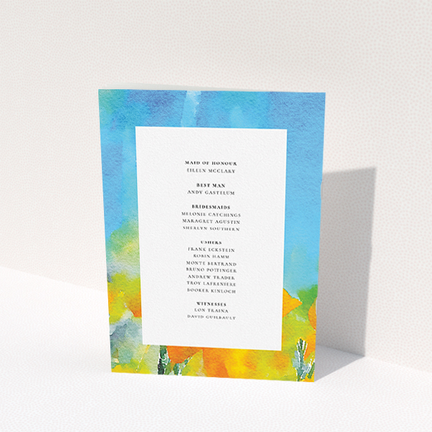 A wedding order of service called "Summer Watercolours". It is an A5 booklet in a portrait orientation. "Summer Watercolours" is available as a folded booklet booklet, with tones of yellow, blue and green.