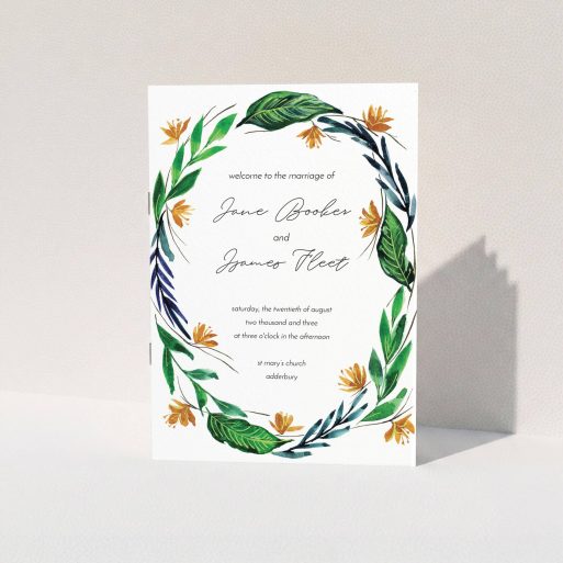 Wedding Order Of Service Design - "Summer Whirl Wreath" A wedding order of service called "Summer Whirl Wreath". It is an A5 booklet in a portrait orientation. "Summer Whirl Wreath" is available as a folded booklet booklet, with tones of green, dark blue and orange.