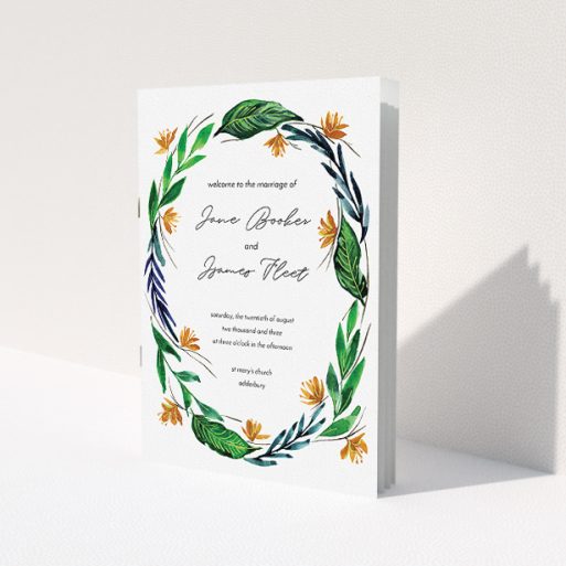A wedding order of service called 'Summer Whirl Wreath'. It is an A5 booklet in a portrait orientation. 'Summer Whirl Wreath' is available as a folded booklet booklet, with tones of green, dark blue and orange.