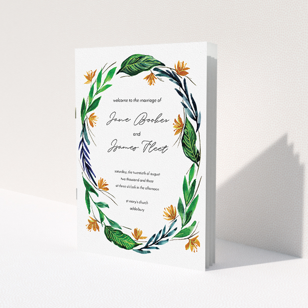 A wedding order of service called "Summer Whirl Wreath". It is an A5 booklet in a portrait orientation. "Summer Whirl Wreath" is available as a folded booklet booklet, with tones of green, dark blue and orange.