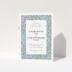 A wedding order of service design titled "The faraway garden". It is an A5 booklet in a portrait orientation. "The faraway garden" is available as a folded booklet booklet, with tones of white, blue and green.