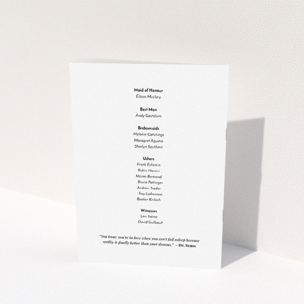 A wedding order of service design titled "The faraway garden". It is an A5 booklet in a portrait orientation. "The faraway garden" is available as a folded booklet booklet, with tones of white, blue and green.