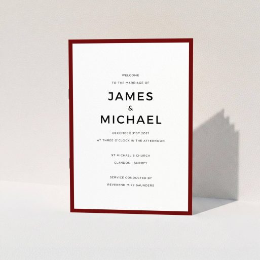 A wedding order of service design named "Thick Burgundy Classic". It is an A5 booklet in a portrait orientation. "Thick Burgundy Classic" is available as a folded booklet booklet, with tones of burgundy and white.
