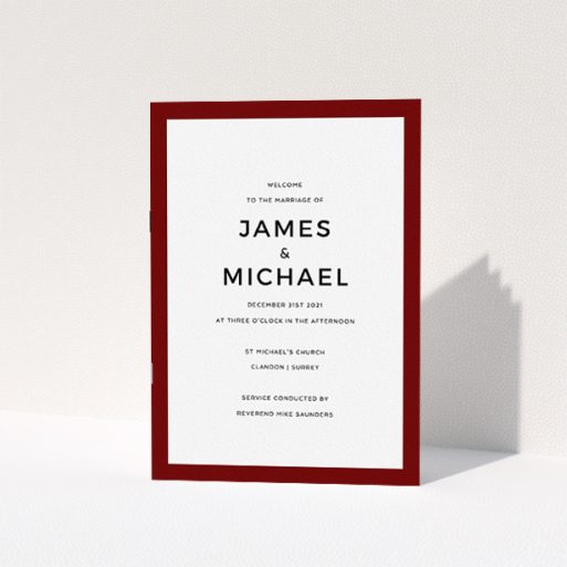 A wedding order of service design named "Thick Burgundy Classic". It is an A5 booklet in a portrait orientation. "Thick Burgundy Classic" is available as a folded booklet booklet, with tones of burgundy and white.