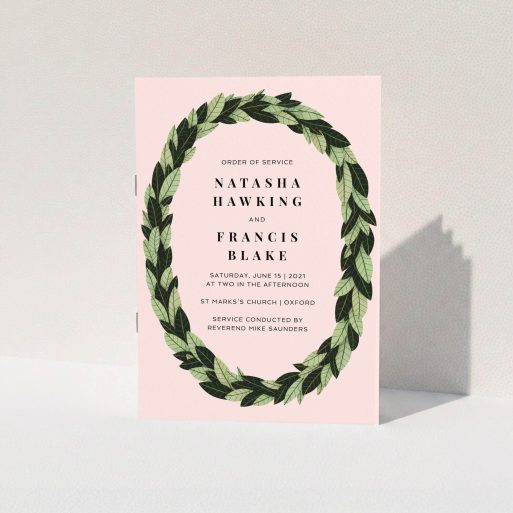 A wedding order of service template titled "Thick Classic Wreath". It is an A5 booklet in a portrait orientation. "Thick Classic Wreath" is available as a folded booklet booklet, with tones of pink, dark green and light green.