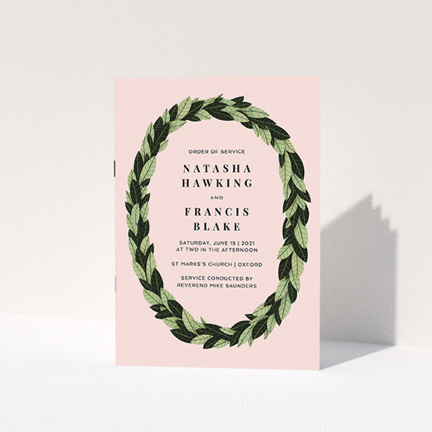 A wedding order of service template titled "Thick Classic Wreath". It is an A5 booklet in a portrait orientation. "Thick Classic Wreath" is available as a folded booklet booklet, with tones of pink, dark green and light green.