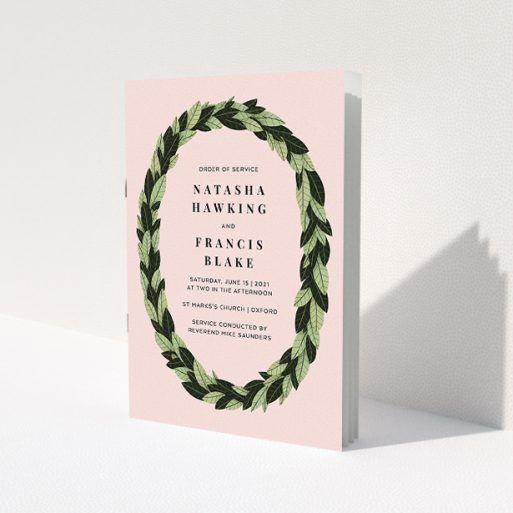 A wedding order of service template titled 'Thick Classic Wreath'. It is an A5 booklet in a portrait orientation. 'Thick Classic Wreath' is available as a folded booklet booklet, with tones of pink, dark green and light green.