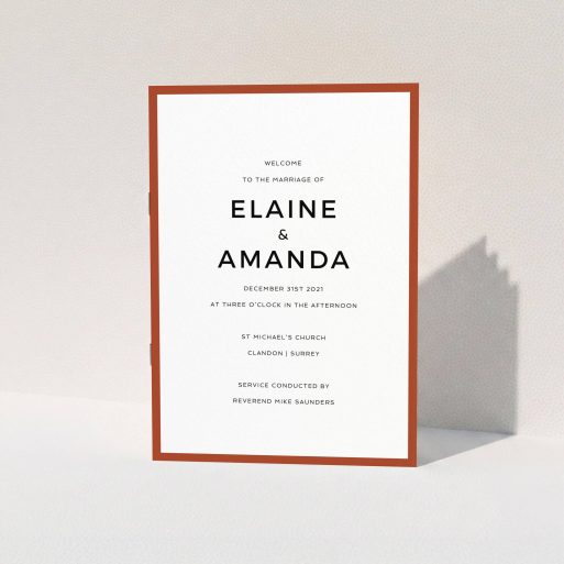 Wedding Order Of Service Design - "Thick Dark Ochre Classic" A wedding order of service template titled "Thick Dark Ochre Classic". It is an A5 booklet in a portrait orientation. "Thick Dark Ochre Classic" is available as a folded booklet booklet, with mainly dark orange colouring.