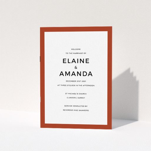 A wedding order of service template titled "Thick Dark Ochre Classic". It is an A5 booklet in a portrait orientation. "Thick Dark Ochre Classic" is available as a folded booklet booklet, with mainly dark orange colouring.