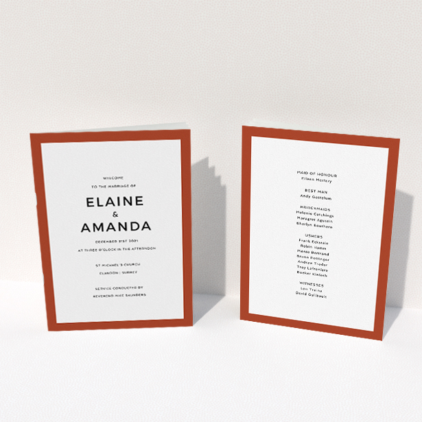 A wedding order of service template titled "Thick Dark Ochre Classic". It is an A5 booklet in a portrait orientation. "Thick Dark Ochre Classic" is available as a folded booklet booklet, with mainly dark orange colouring.