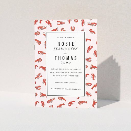 Wedding Order Of Service Design - "Tiny, Tiny Lobsters" A wedding order of service design called "Tiny, Tiny Lobsters". It is an A5 booklet in a portrait orientation. "Tiny, Tiny Lobsters" is available as a folded booklet booklet, with tones of red and pink.