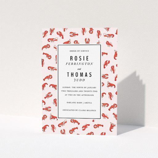 A wedding order of service design called "Tiny, Tiny Lobsters". It is an A5 booklet in a portrait orientation. "Tiny, Tiny Lobsters" is available as a folded booklet booklet, with tones of red and pink.