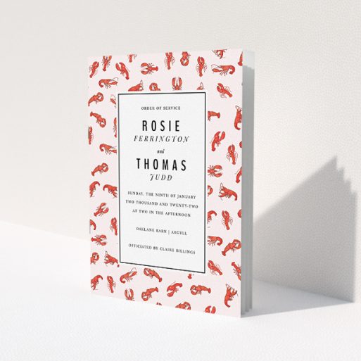 A wedding order of service design called 'Tiny, Tiny Lobsters'. It is an A5 booklet in a portrait orientation. 'Tiny, Tiny Lobsters' is available as a folded booklet booklet, with tones of red and pink.