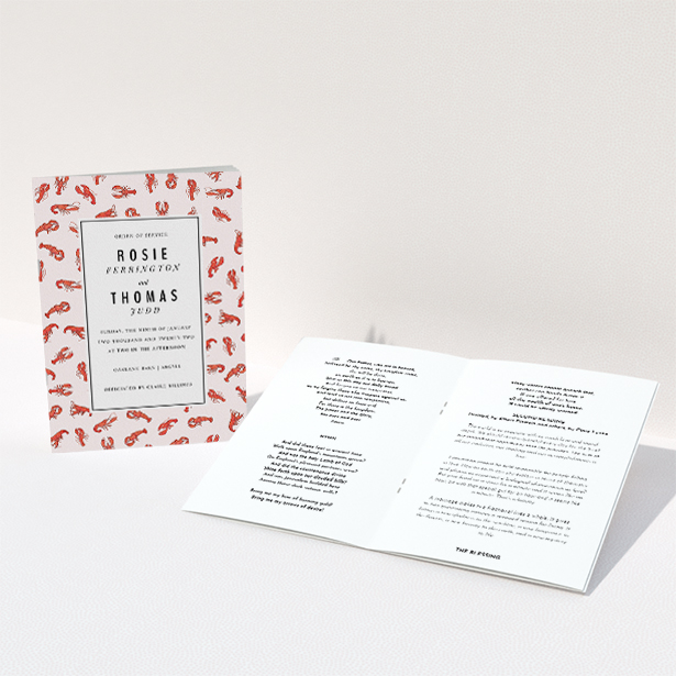 A wedding order of service design called "Tiny, Tiny Lobsters". It is an A5 booklet in a portrait orientation. "Tiny, Tiny Lobsters" is available as a folded booklet booklet, with tones of red and pink.