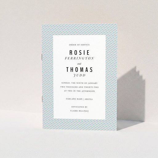 Wedding Order Of Service Design - "Tiny, Tiny Sealions" A wedding order of service named "Tiny, Tiny Sealions". It is an A5 booklet in a portrait orientation. "Tiny, Tiny Sealions" is available as a folded booklet booklet, with tones of blue and pink.
