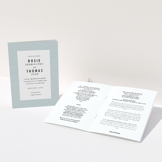 A wedding order of service named "Tiny, Tiny Sealions". It is an A5 booklet in a portrait orientation. "Tiny, Tiny Sealions" is available as a folded booklet booklet, with tones of blue and pink.