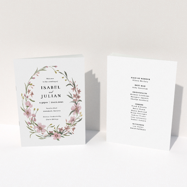 A wedding order of service design called "True Watercolour Cover". It is an A5 booklet in a portrait orientation. "True Watercolour Cover" is available as a folded booklet booklet, with tones of faded pink and autumnal green.