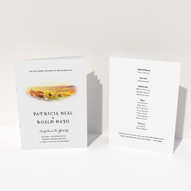 A wedding order of service design named "Village Window". It is an A5 booklet in a portrait orientation. "Village Window" is available as a folded booklet booklet, with tones of yellow, orange and brown.