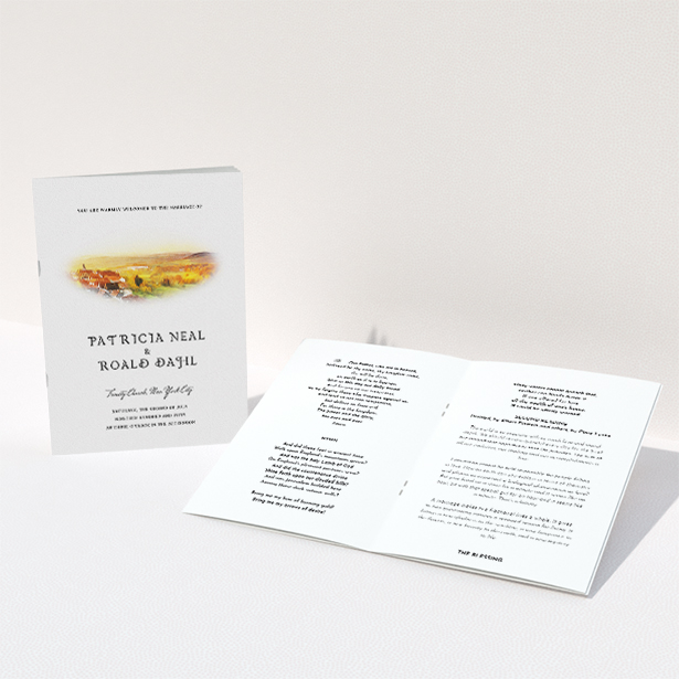 A wedding order of service design named "Village Window". It is an A5 booklet in a portrait orientation. "Village Window" is available as a folded booklet booklet, with tones of yellow, orange and brown.