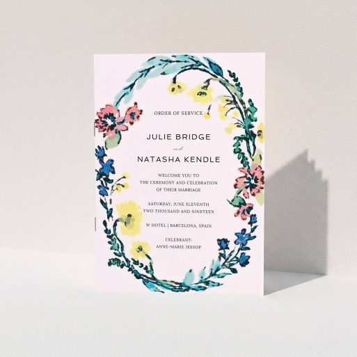 Wedding Order Of Service Design - "Vintage Floral" A wedding order of service design called "Vintage Floral". It is an A5 booklet in a portrait orientation. "Vintage Floral" is available as a folded booklet booklet, with tones of light pink and red.