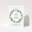 A wedding order of service design named "Watercolour Wreath Cover". It is an A5 booklet in a portrait orientation. "Watercolour Wreath Cover" is available as a folded booklet booklet, with tones of green and light blue.