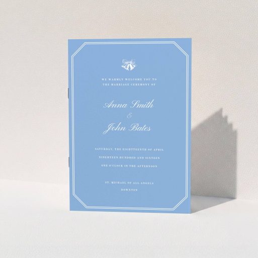 A wedding order of service called "Wedding bells". It is an A5 booklet in a portrait orientation. "Wedding bells" is available as a folded booklet booklet, with tones of blue and white.