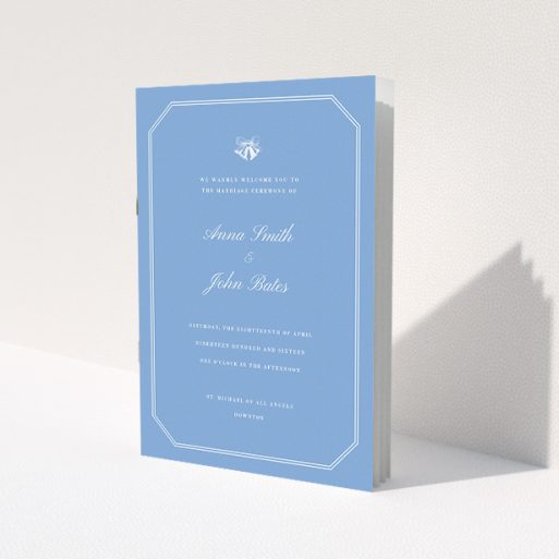 A wedding order of service called 'Wedding bells'. It is an A5 booklet in a portrait orientation. 'Wedding bells' is available as a folded booklet booklet, with tones of blue and white.