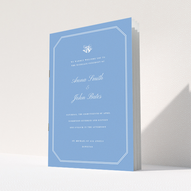A wedding order of service called "Wedding bells". It is an A5 booklet in a portrait orientation. "Wedding bells" is available as a folded booklet booklet, with tones of blue and white.