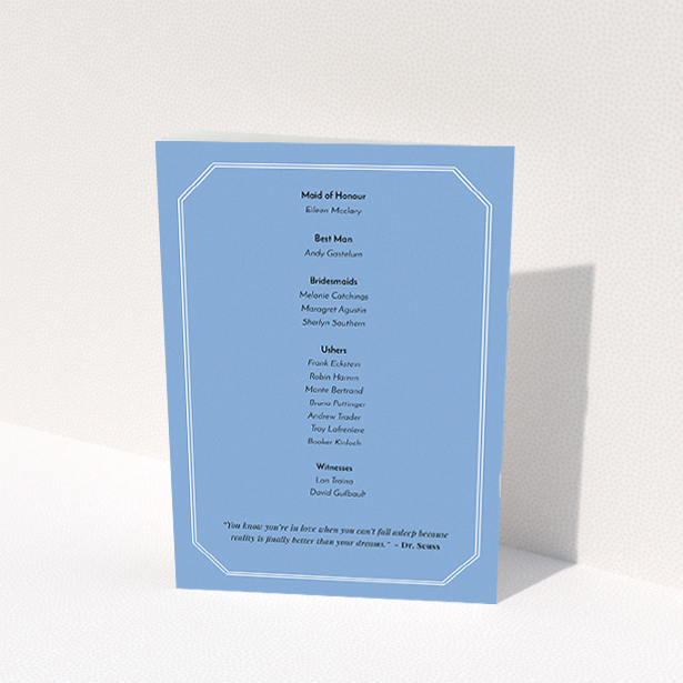 A wedding order of service called "Wedding bells". It is an A5 booklet in a portrait orientation. "Wedding bells" is available as a folded booklet booklet, with tones of blue and white.