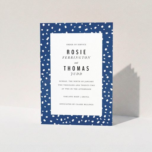 Wedding Order Of Service Design - "White on Blue Polka dots" A wedding order of service template titled "White on Blue Polka dots". It is an A5 booklet in a portrait orientation. "White on Blue Polka dots" is available as a folded booklet booklet, with mainly blue colouring.