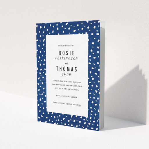 A wedding order of service template titled 'White on Blue Polka dots'. It is an A5 booklet in a portrait orientation. 'White on Blue Polka dots' is available as a folded booklet booklet, with mainly blue colouring.