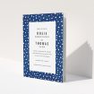 A wedding order of service template titled "White on Blue Polka dots". It is an A5 booklet in a portrait orientation. "White on Blue Polka dots" is available as a folded booklet booklet, with mainly blue colouring.