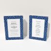 A wedding order of service template titled "White on Blue Polka dots". It is an A5 booklet in a portrait orientation. "White on Blue Polka dots" is available as a folded booklet booklet, with mainly blue colouring.