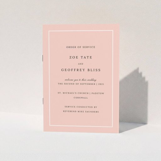 Wedding Order Of Service Design - "White on Pink Traditional" A wedding order of service design titled "White on Pink Traditional". It is an A5 booklet in a portrait orientation. "White on Pink Traditional" is available as a folded booklet booklet, with tones of pink and white.