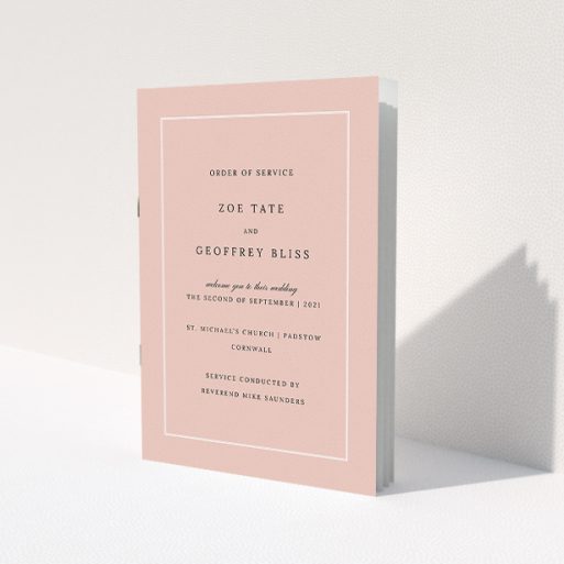 A wedding order of service design titled 'White on Pink Traditional'. It is an A5 booklet in a portrait orientation. 'White on Pink Traditional' is available as a folded booklet booklet, with tones of pink and white.