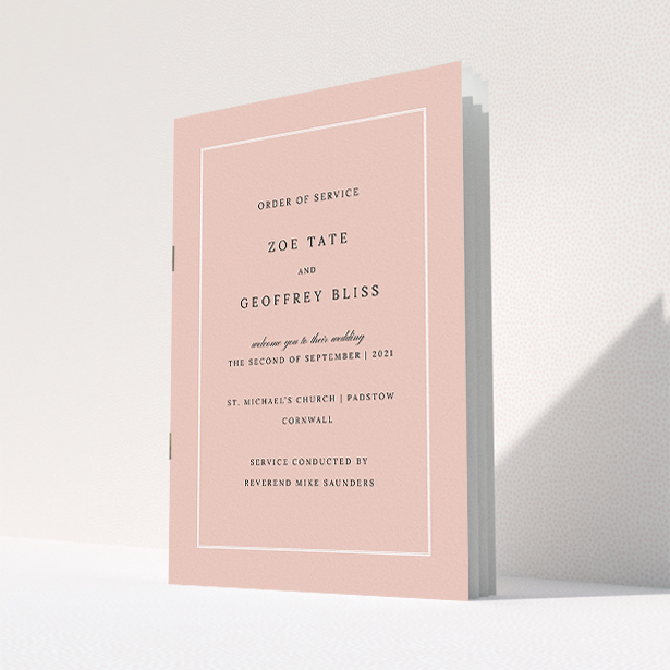 A wedding order of service design titled "White on Pink Traditional". It is an A5 booklet in a portrait orientation. "White on Pink Traditional" is available as a folded booklet booklet, with tones of pink and white.