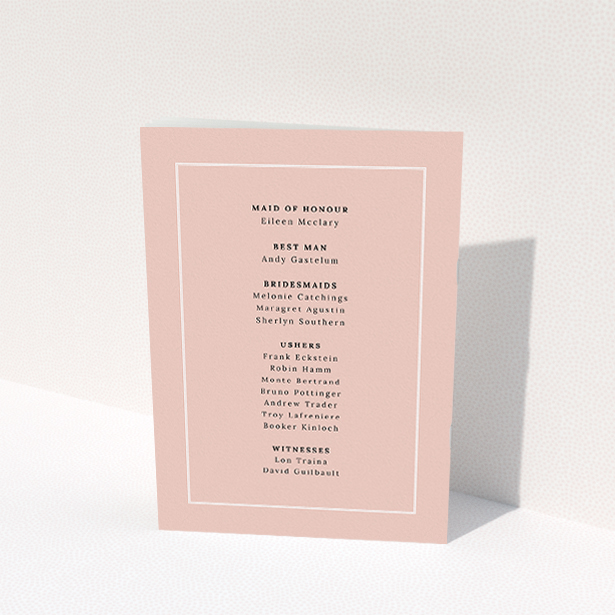 A wedding order of service design titled "White on Pink Traditional". It is an A5 booklet in a portrait orientation. "White on Pink Traditional" is available as a folded booklet booklet, with tones of pink and white.