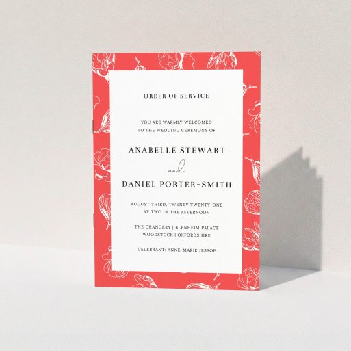 A wedding order of service design called "White on Red Buds". It is an A5 booklet in a portrait orientation. "White on Red Buds" is available as a folded booklet booklet, with tones of red and white.